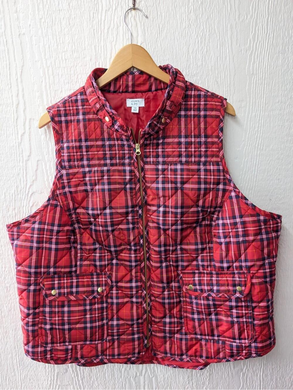 Crown & Ivy Red Plaid Tartan Puffer Vest Winter Preppy Plus Size 3X